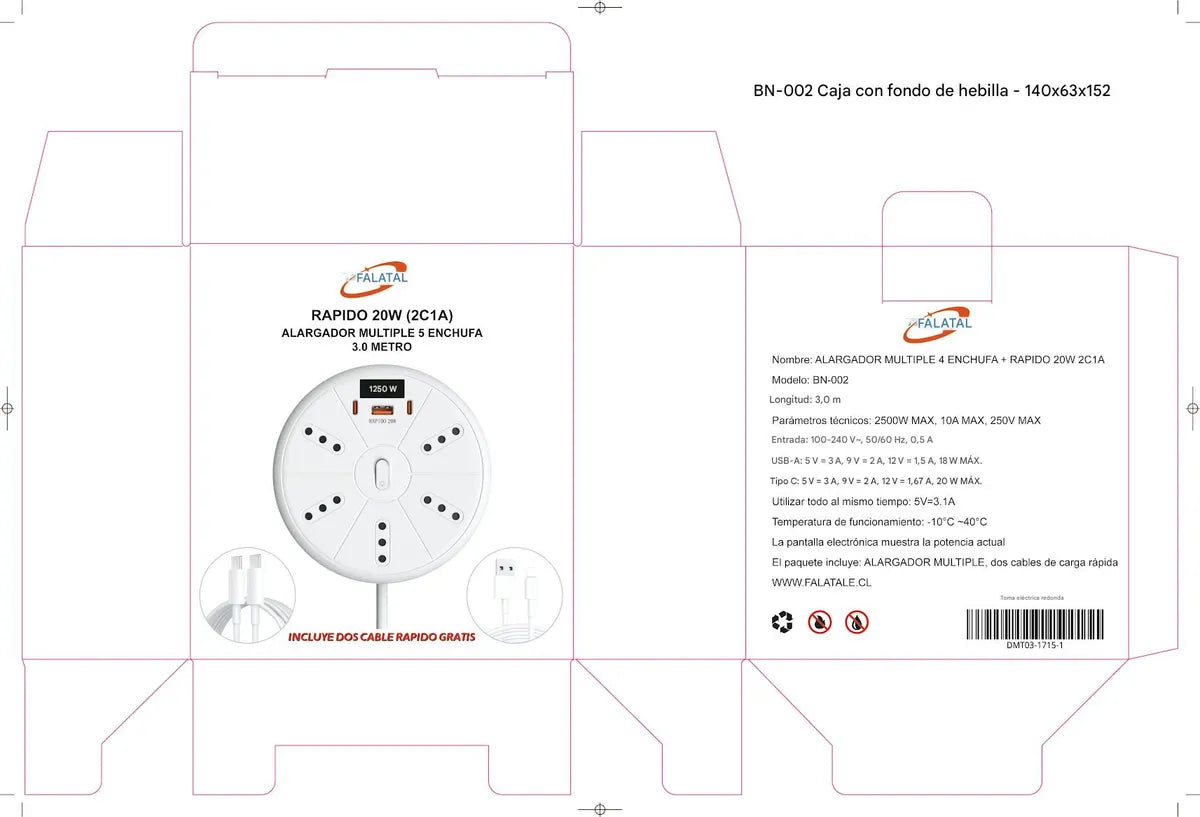 Base con Organizador + Pantalla de Consumo | 3m, 5 Enchufes, 3 USB (2×20W) | ¡Incluye 2 Cables Rápidos!