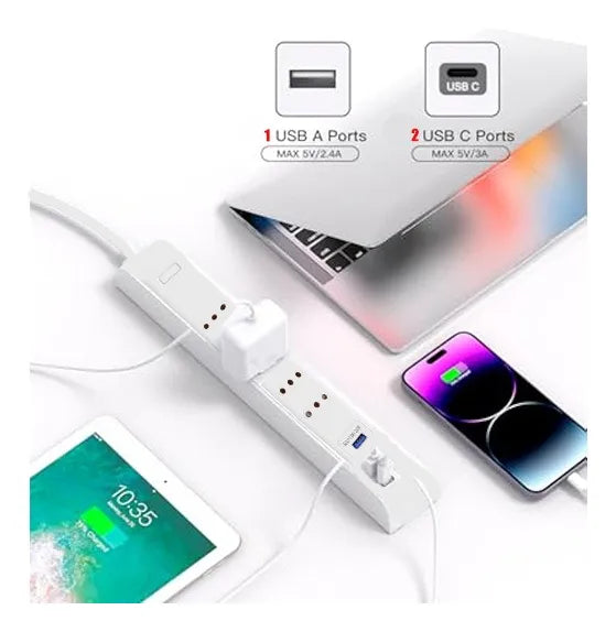 Alargador 4 Enchufes +rápida 20w ,2type C+1usb Protección