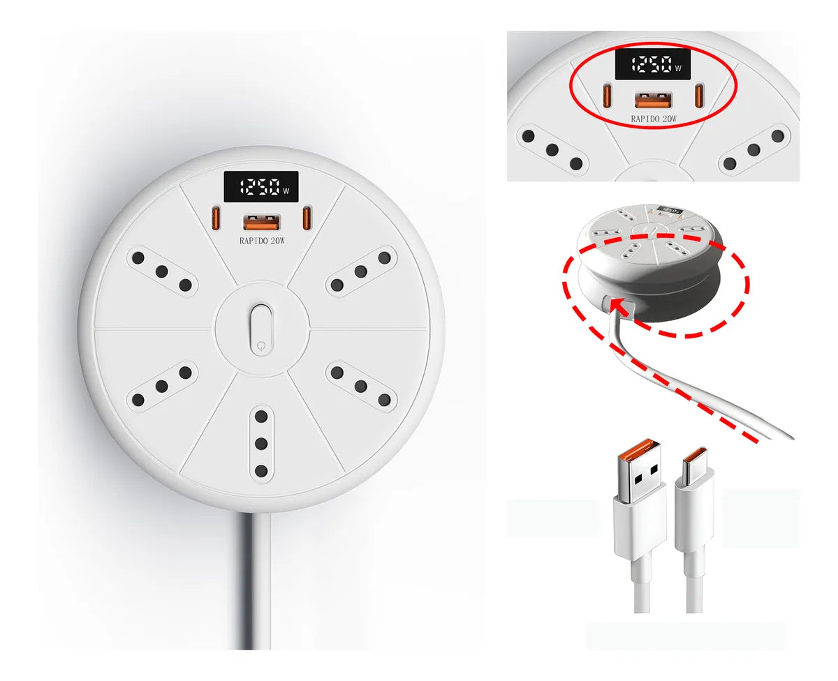 Base con Organizador + Pantalla de Consumo | 3m, 5 Enchufes, 3 USB (2×20W) | ¡Incluye 2 Cables Rápidos!