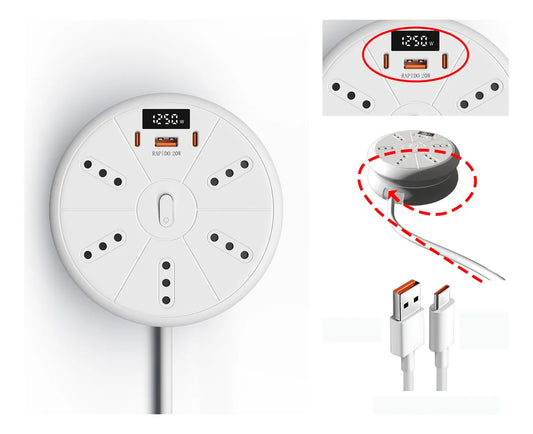Base con Organizador + Pantalla de Consumo | 3m, 5 Enchufes, 3 USB (2×20W) | ¡Incluye 2 Cables Rápidos!