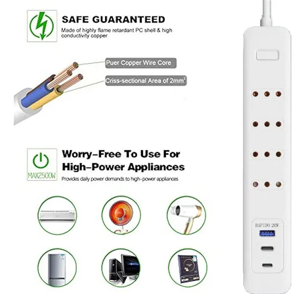 Alargador 4 Enchufes +rápida 20w ,2type C+1usb Protección
