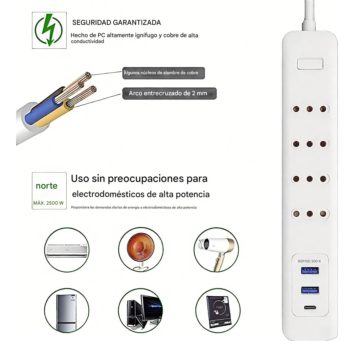 Alargador 4 Enchufes +rápida 20w ,1type C+2usb Protección