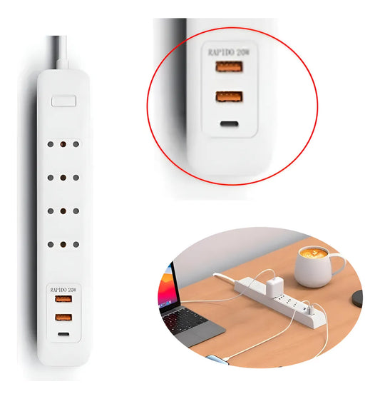 Alargador 4 Enchufes +rápida 20w ,1type C+2usb Protección