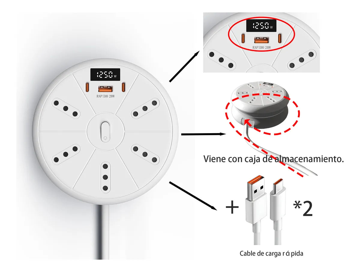 Base con Organizador + Pantalla de Consumo | 3m, 5 Enchufes, 3 USB (2×20W) | ¡Incluye 2 Cables Rápidos!