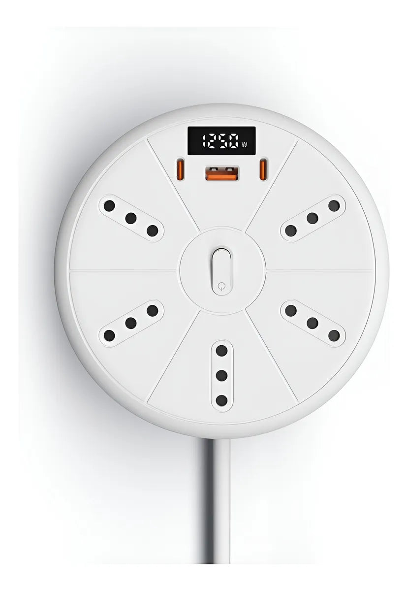 Base con Organizador + Pantalla de Consumo | 3m, 5 Enchufes, 3 USB (2×20W) | ¡Incluye 2 Cables Rápidos!